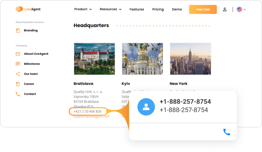 A LiveAgent Click to call névjegykártyára